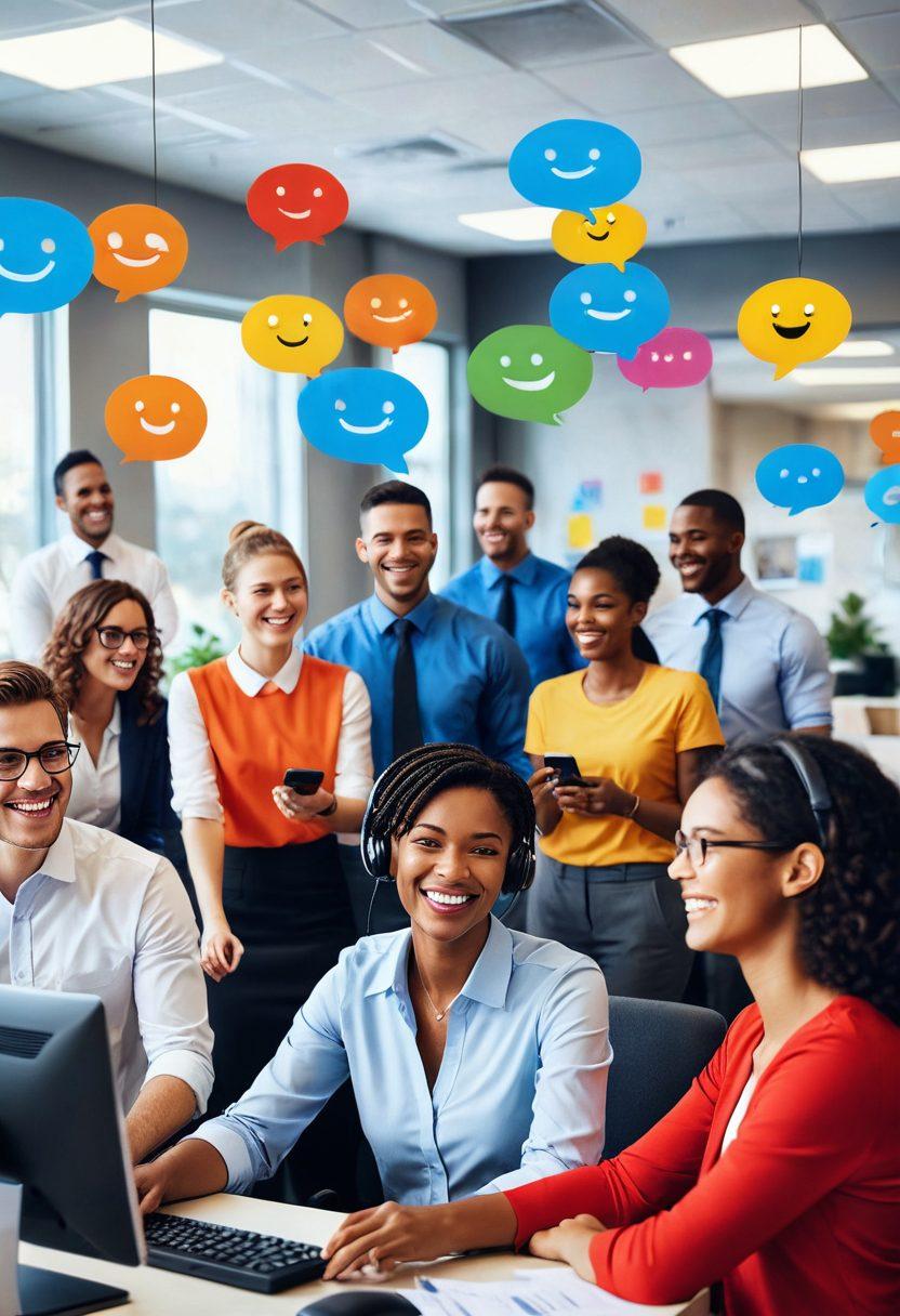 A vibrant scene depicting a customer service representative joyfully interacting with a diverse group of smiling customers in a lively office environment. The background should showcase engaging visuals of technology and communication tools, symbolizing modern customer relations. Include elements like speech bubbles with positive feedback and happy emojis to convey a sense of satisfaction and support. The overall atmosphere should be warm, inviting, and energetic. super-realistic. vibrant colors. 3D.