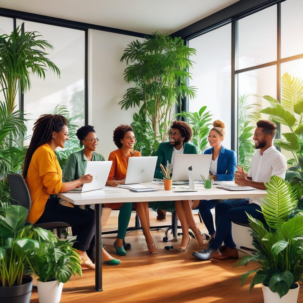 A diverse group of professionals engaging in a lively discussion in a modern office space filled with plants, showcasing effective communication and teamwork. Include elements symbolizing positivity, such as smiling faces and thumbs up, along with visuals of customer service tools like headsets and laptops. The background should feature warm colors to evoke a friendly atmosphere. vector art. vibrant colors.