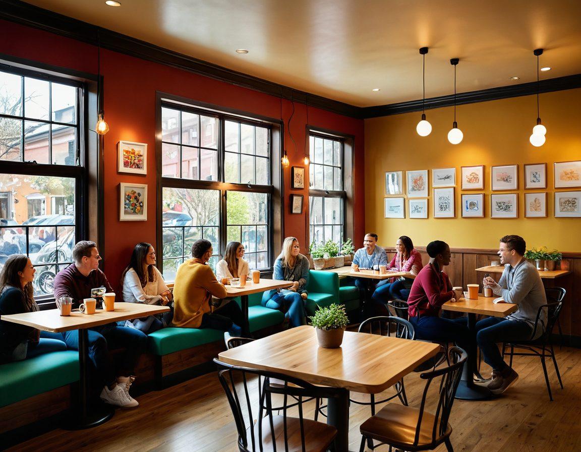 A warm, inviting scene depicting diverse people engaging in joyful interactions, such as laughing and sharing ideas in a cozy café setting. Include elements such as colorful coffee cups, cozy furniture, and bright, cheerful decorations that symbolize connection and happiness. The atmosphere should evoke feelings of community and satisfaction. vibrant colors. super-realistic.